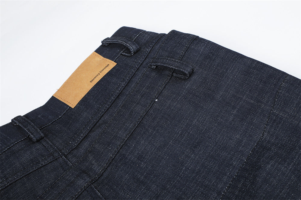 Wide-Leg Jeans with Irregular Spliced Waistband and Double Pleats