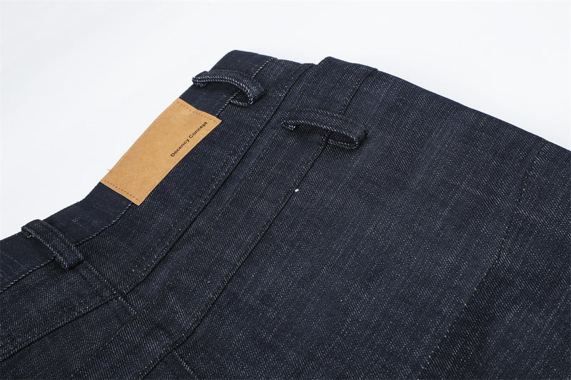 Wide-Leg Jeans with Irregular Spliced Waistband and Double Pleats