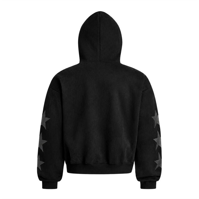 Zip-Up Hoodie with Star Sleeve Detail and Gothic Logo — Oversized Suede-Finish