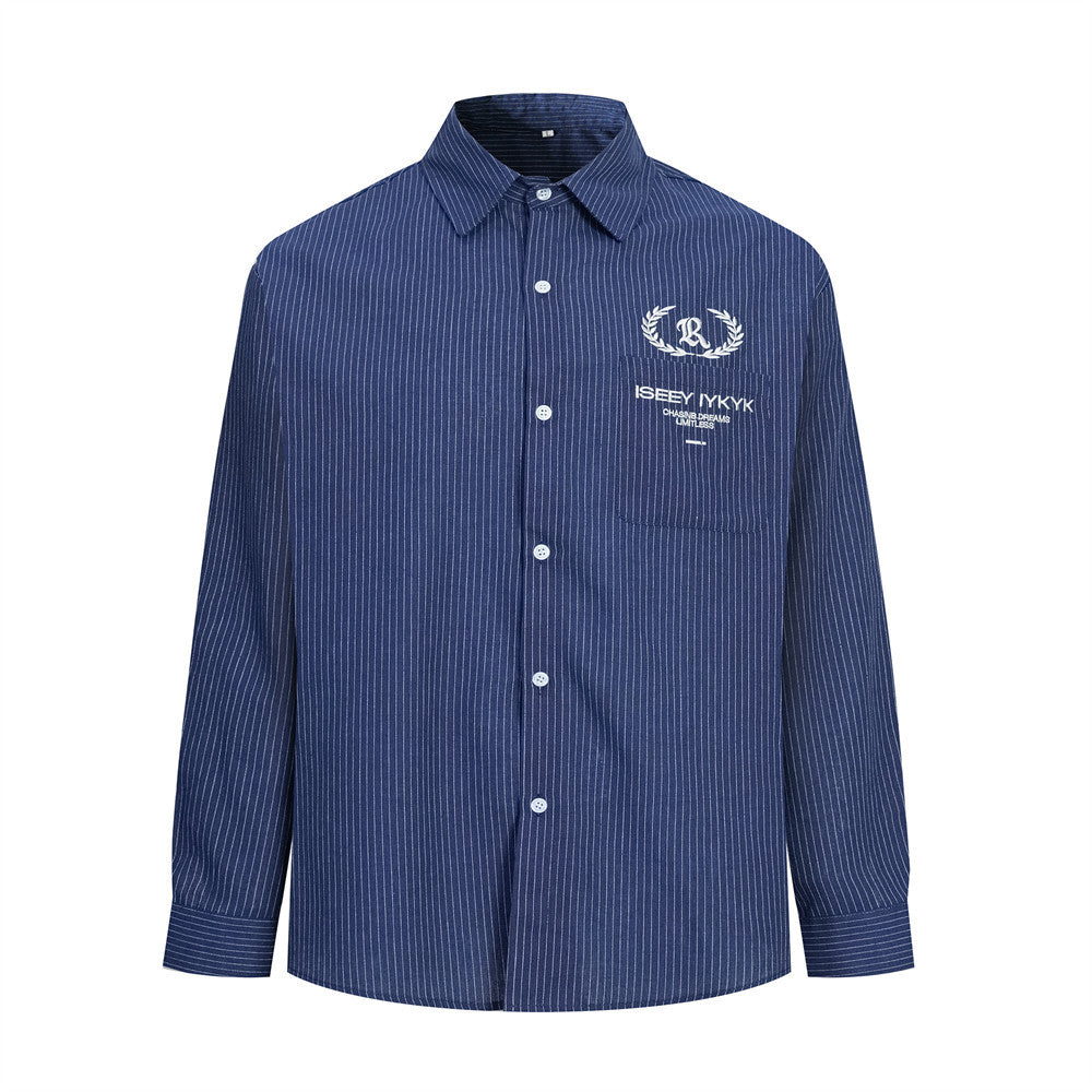 Men's Long Sleeve Striped Shirt with Embroidered Crest Pocket Detail