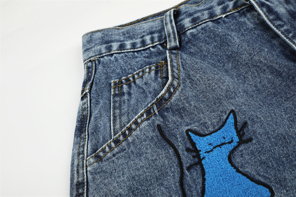 Cartoon Cat Embroidered Denim Shorts – Men's Wide Leg Vintage Washed Jean Shorts