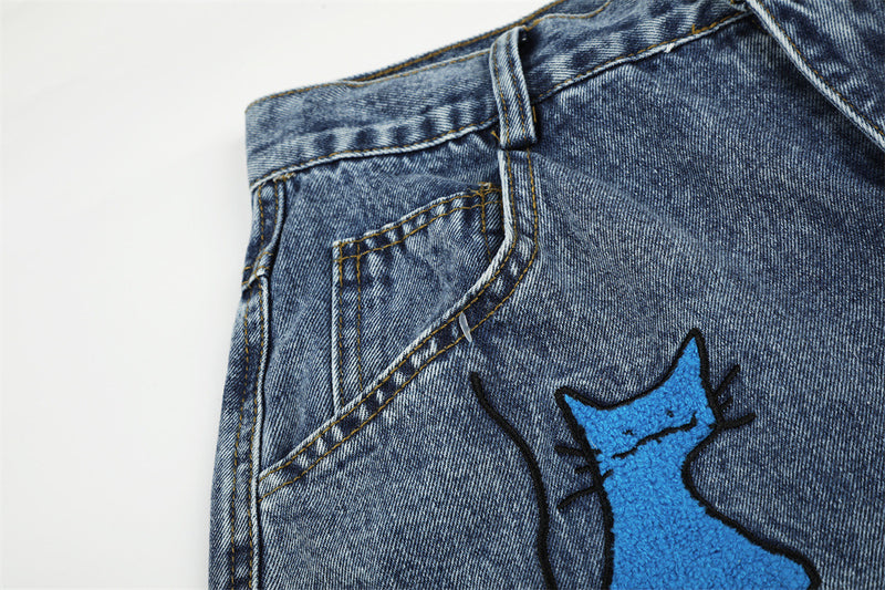 Cartoon Cat Embroidered Denim Shorts – Men's Wide Leg Vintage Washed Jean Shorts