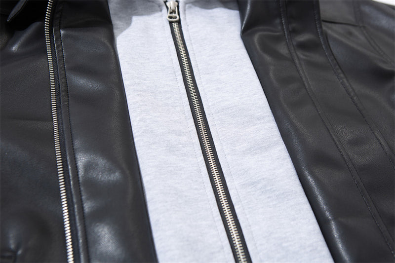 Faux Leather Hooded Bomber Jacket – Layered PU Zip-Up Oversized Coat