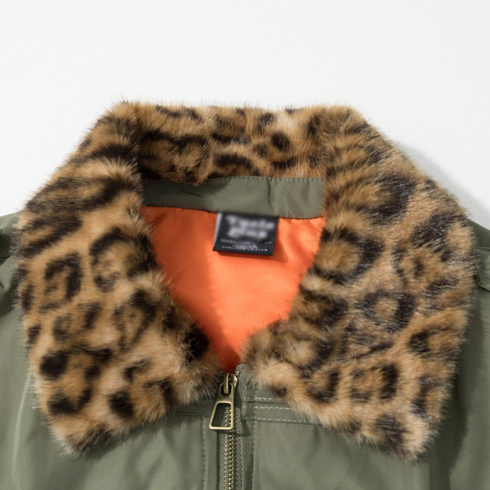 Men's Double-Breasted Padded Jacket with Leopard Faux-Fur Collar