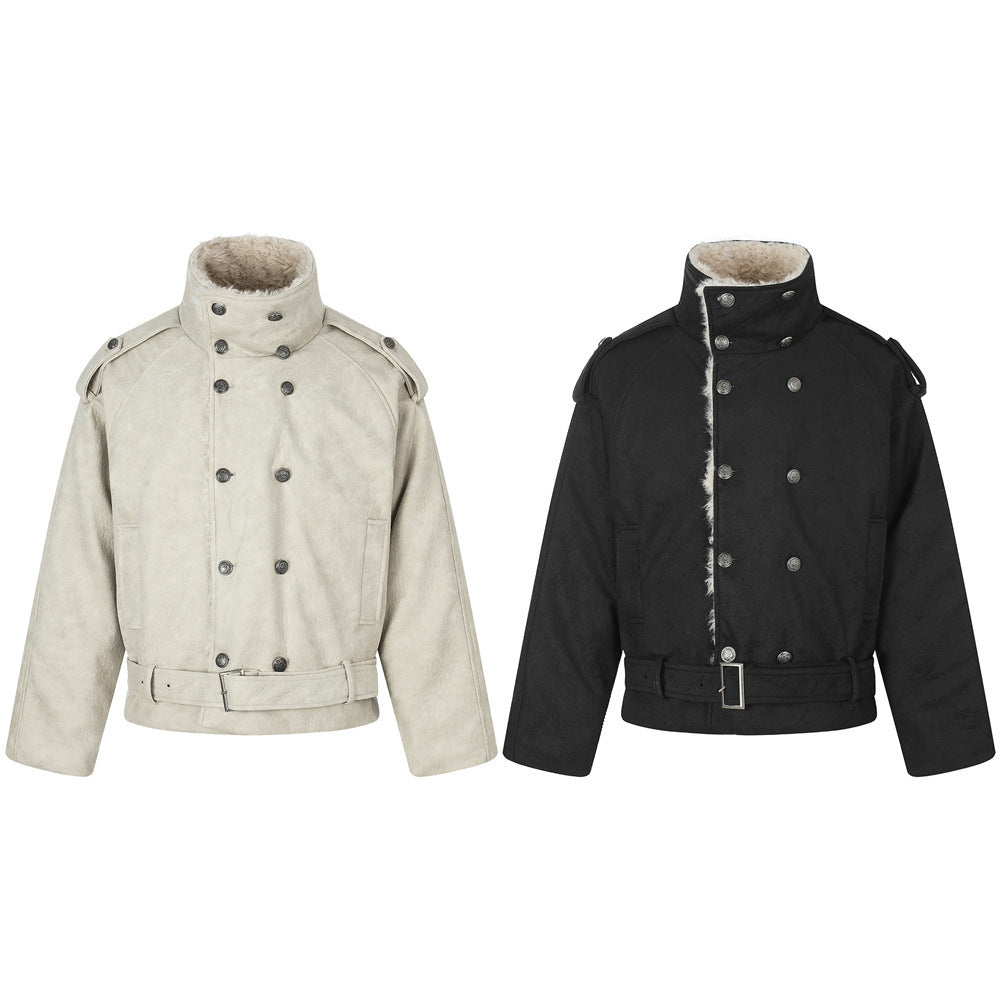 Men's Double-Breasted Sherpa-Collar Belted Jacket with Epaulettes