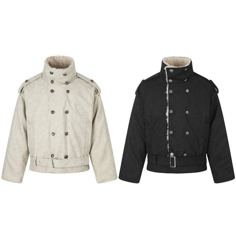 Men's Double-Breasted Sherpa-Collar Belted Jacket with Epaulettes