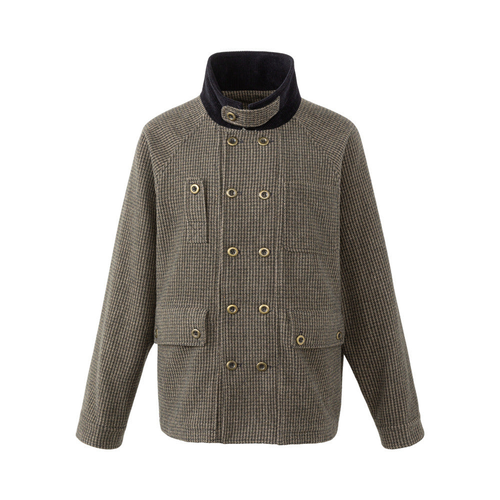 Men's Houndstooth Tweed Jacket – Stand Collar, Multi-Pocket Workwear Coat