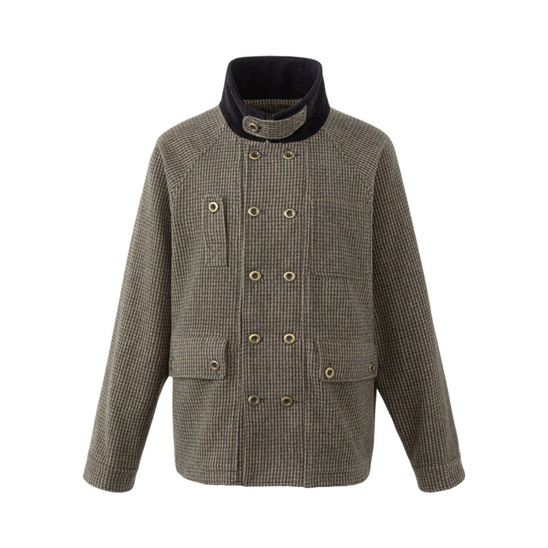 Men's Houndstooth Tweed Jacket – Stand Collar, Multi-Pocket Workwear Coat