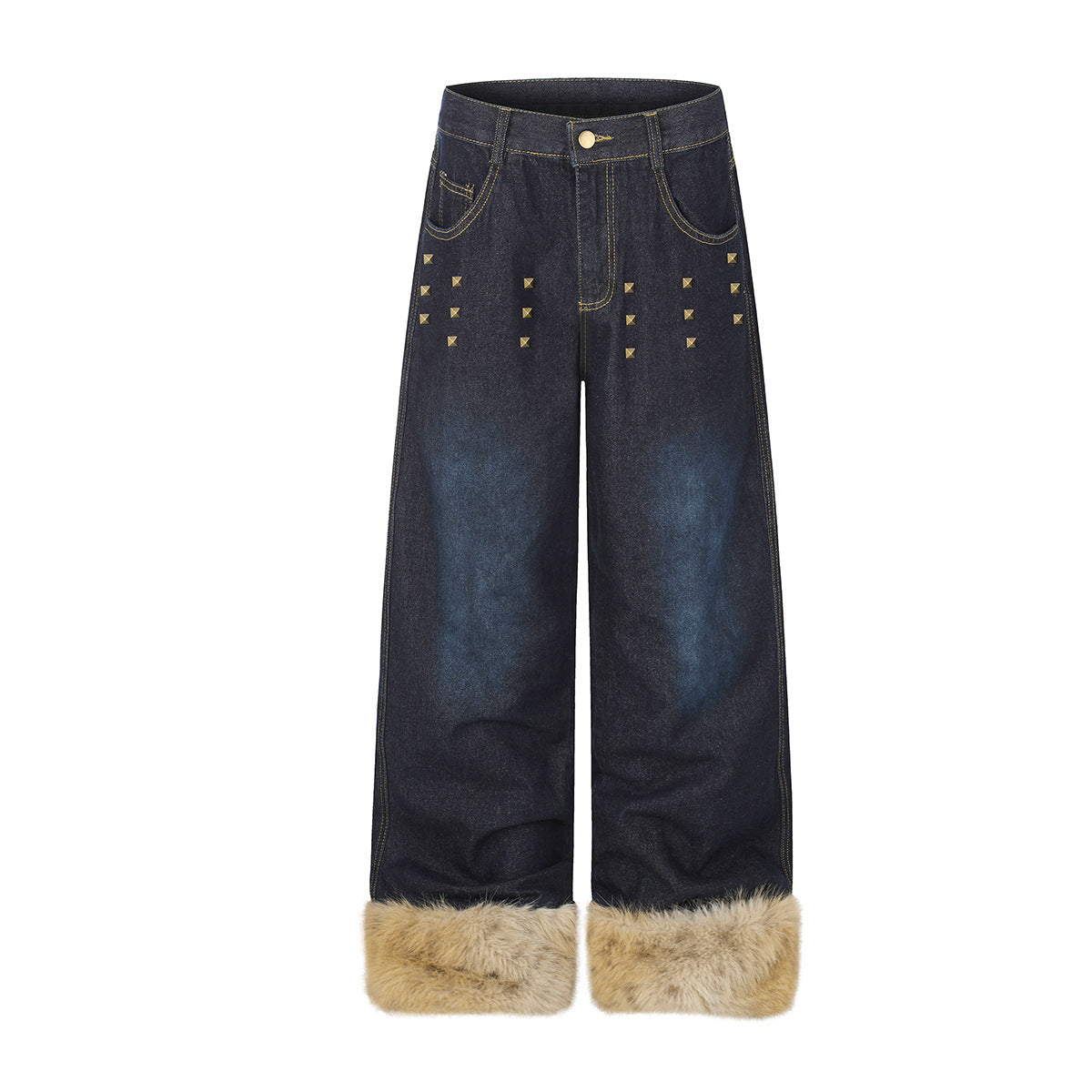 Baggy-Jeans mit weitem Bein aus dunkelblauem Denim, goldenen Pyramidennieten an den vorderen Oberschenkeln und weichem Kunstfellbesatz am Saum
