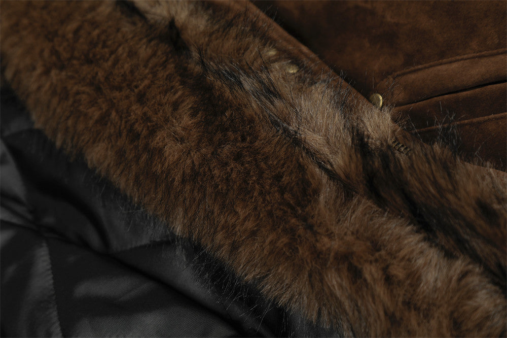 Faux Mink Fur-Trimmed Hooded Bomber Jacket with Toggle Clasps