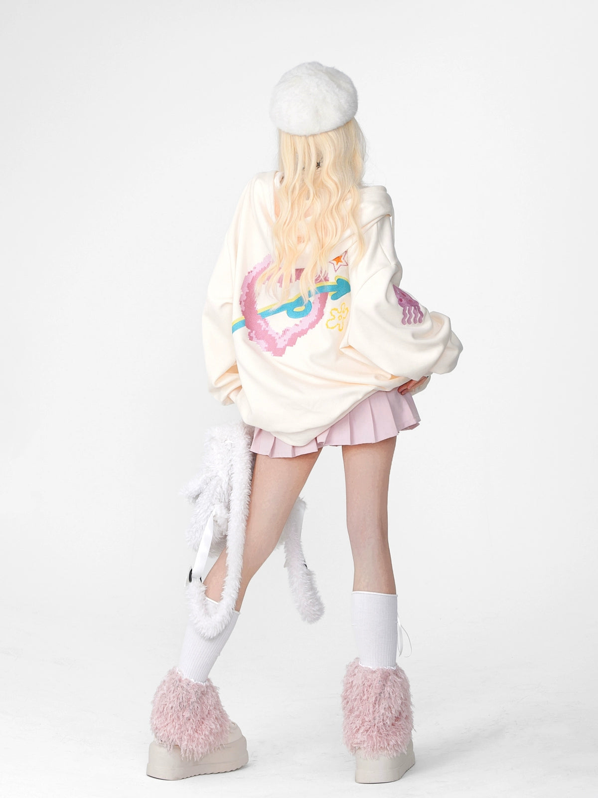 Kelly Kitty Pastel Kawaii Hoodie – Süßer Hoodie mit durchgehendem Reißverschluss und entzückenden aufgestickten Figuren