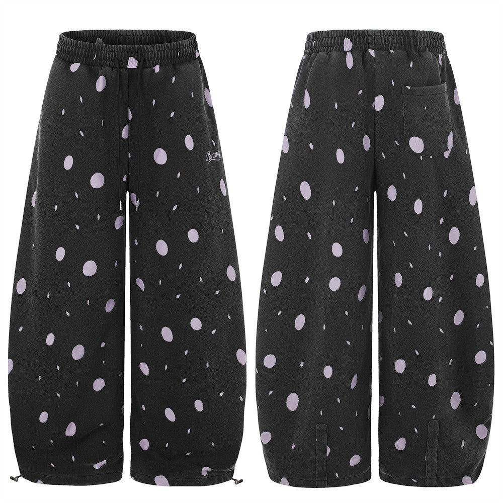 Wide-Leg Polka Dot Sweatpants – Black & Lavender All-Over Print