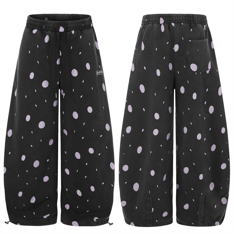 Wide-Leg Polka Dot Sweatpants – Black & Lavender All-Over Print