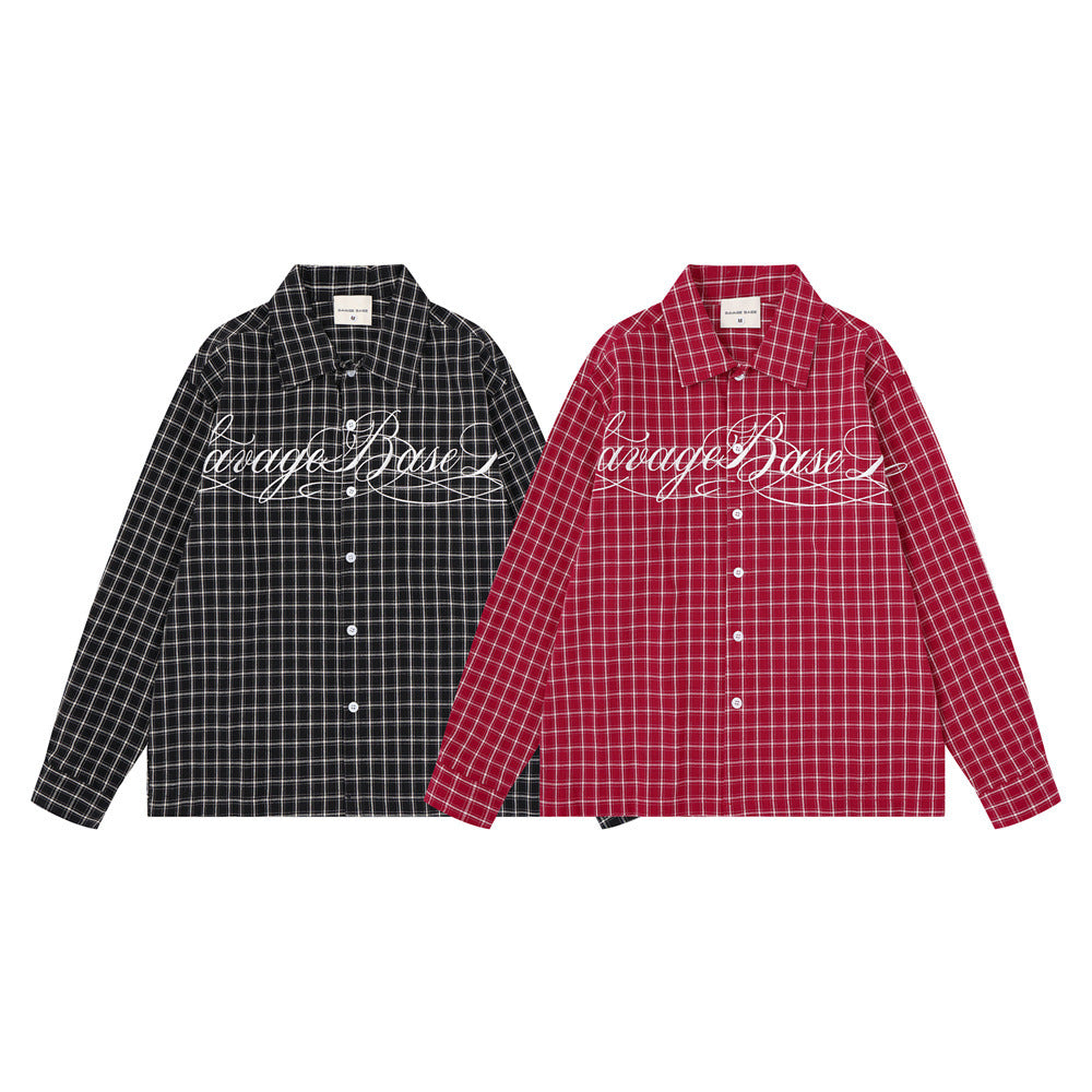 Plaid Long Sleeve Shirt – Savage Base Script Embroidery, Relaxed Fit