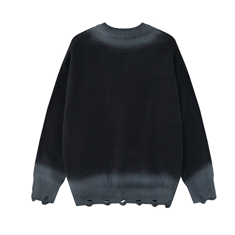 Pull col rond en maille – Graffiti usé, dégradé délavé à l’acide