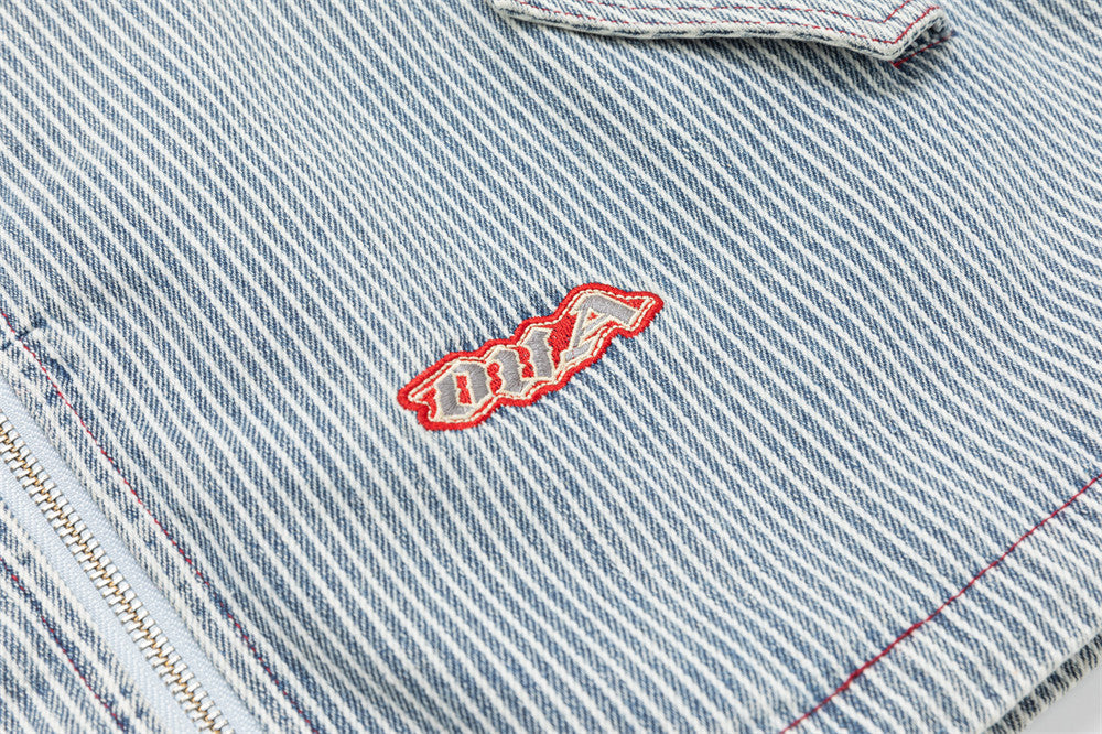Hickory Stripe Denim Zip Jacket – Men's Workwear-Inspired Drawstring Hem Coat