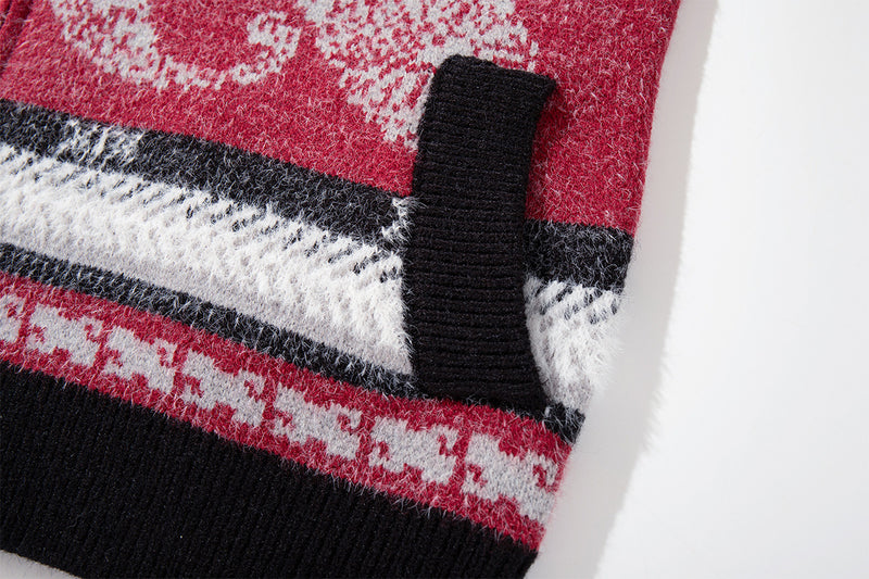 Paisley Fair Isle Knit Zip-Up Hoodie with Faux Fur Trim
