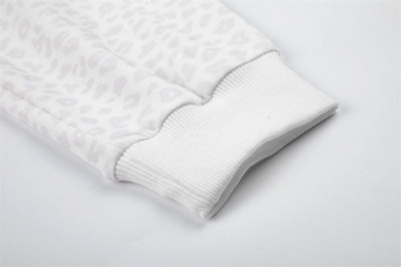 White Long Sleeve Polo Shirt with Leopard Texture, Stripe Collar & Ribbon Detail