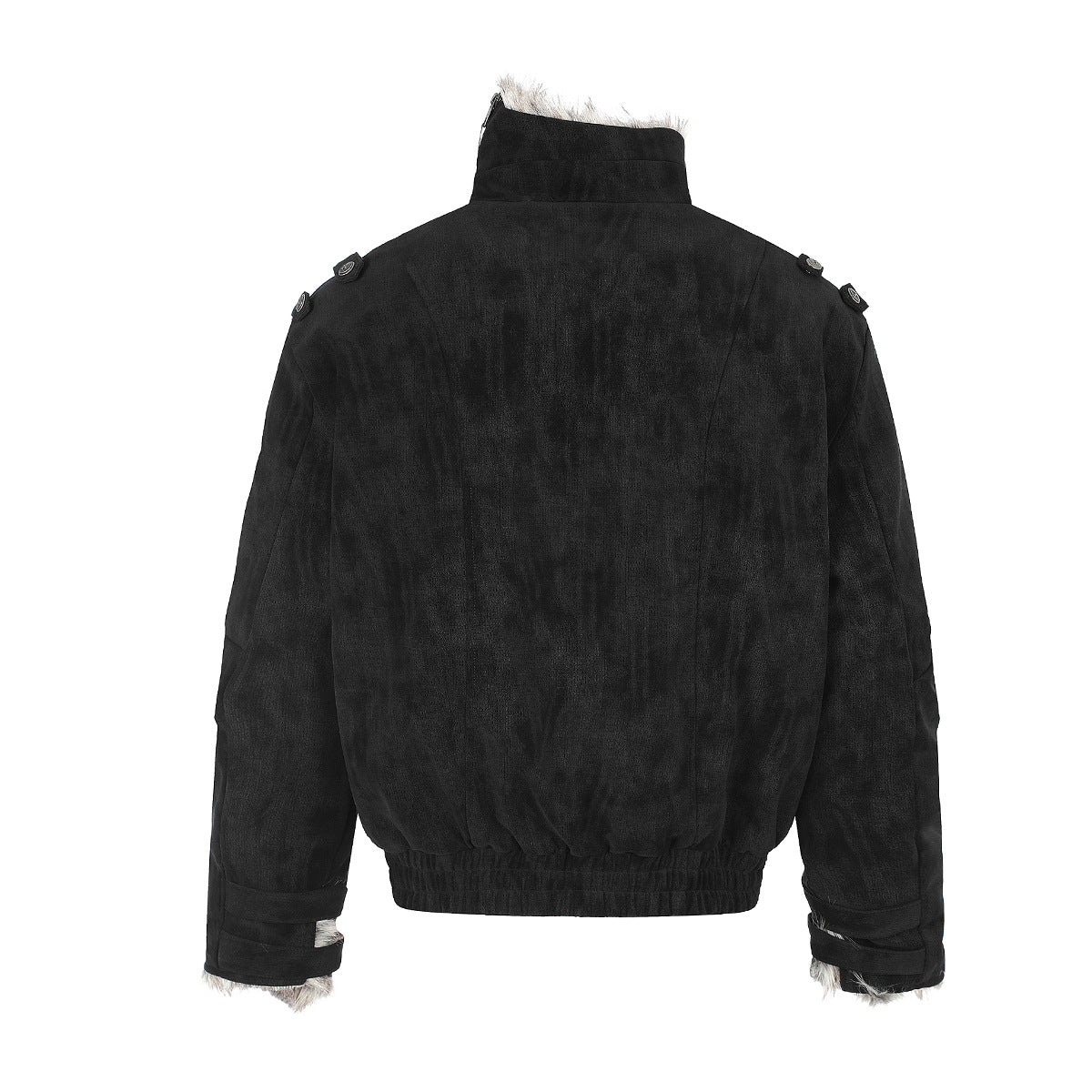 Schwarze Bomberjacke mit Wildlederoptik, Kunstpelzkragen und Wattierung im Biker-Stil