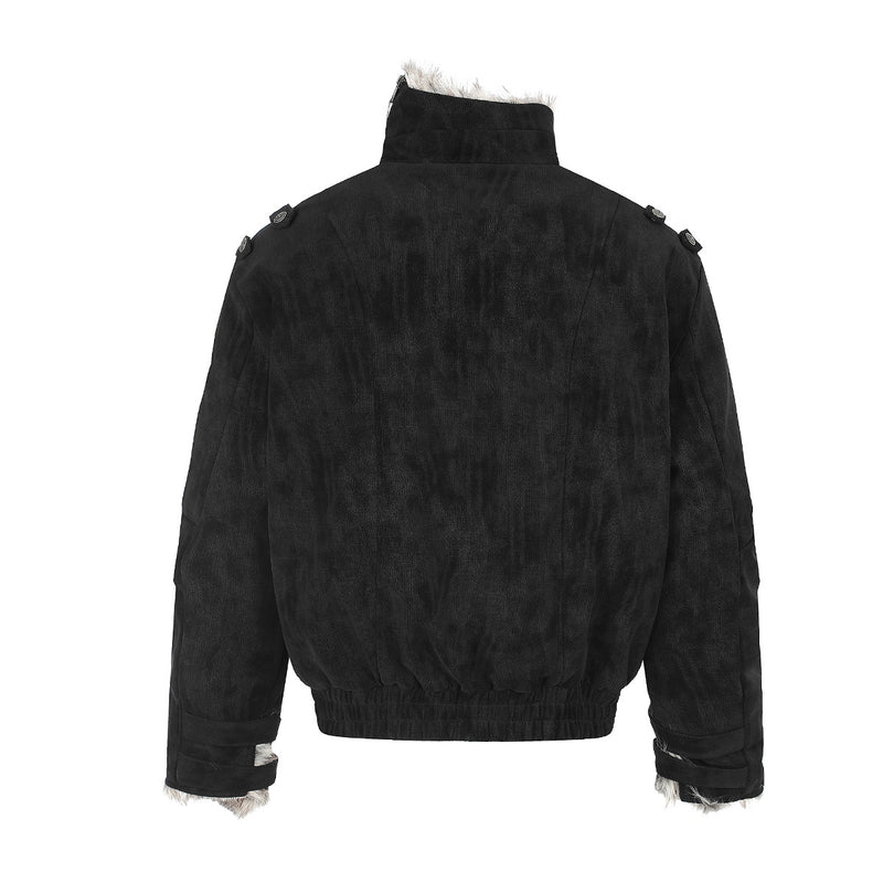 Schwarze Bomberjacke mit Wildlederoptik, Kunstpelzkragen und Wattierung im Biker-Stil