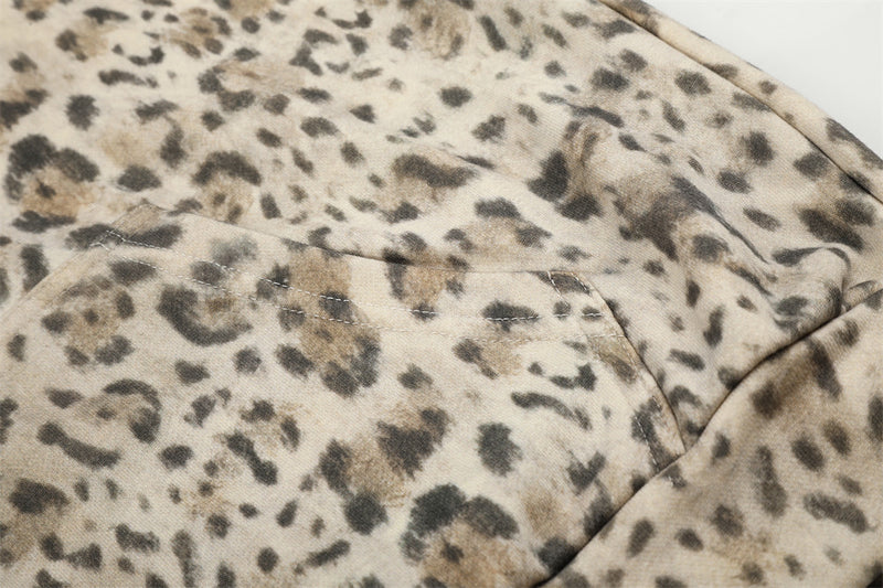 Embroidered Zip Up Hoodie – Leopard Print Streetwear with Side Stripe Detail