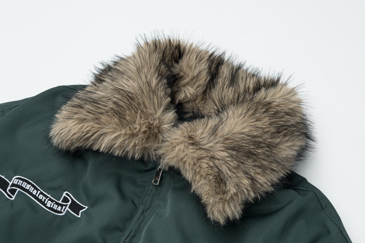 Herren-Schwarze-Pufferjacke mit Fellkragen – Bomberjacke mit Schmetterlingsstickerei