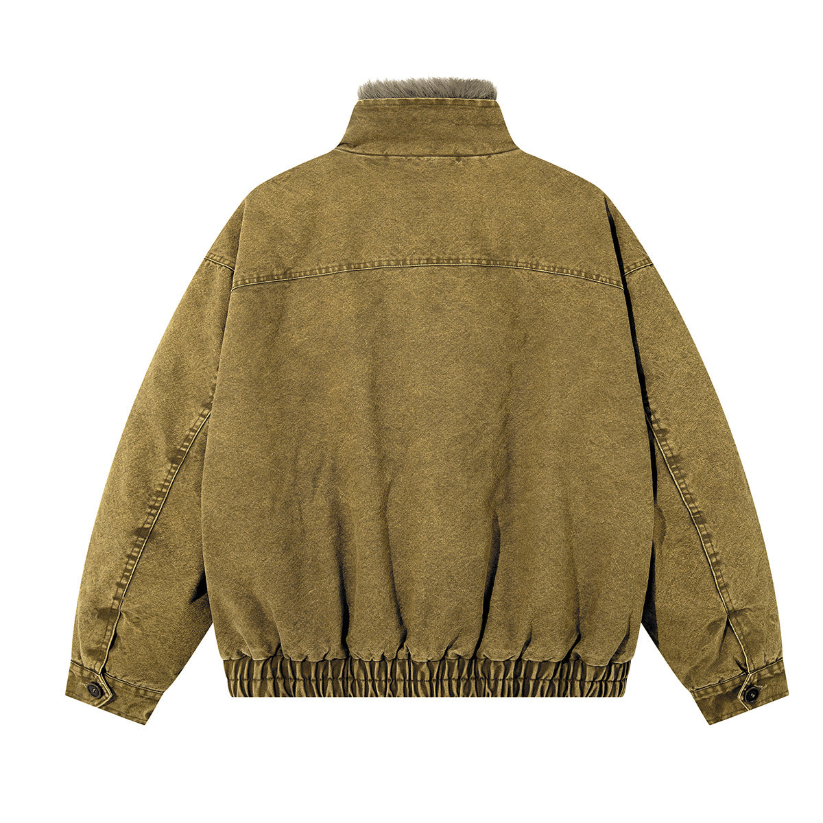 Washed Denim Fur-Collar Padded Jacket – Fleece-Lined Workwear Bomber