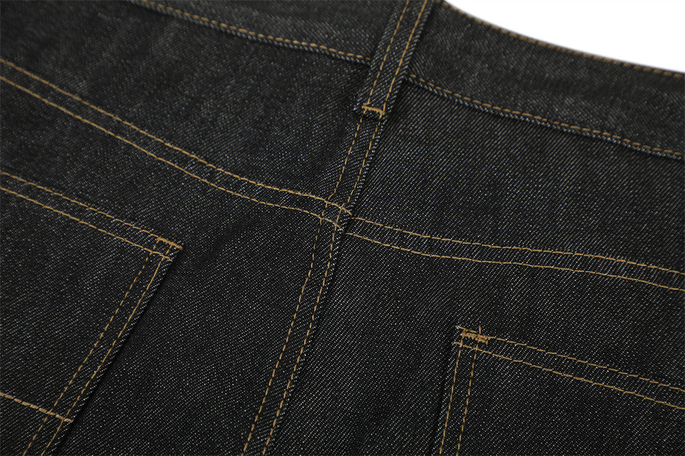 Raw Denim Flare Jeans with Diagonal Button Fly & Deconstructed Wide Leg