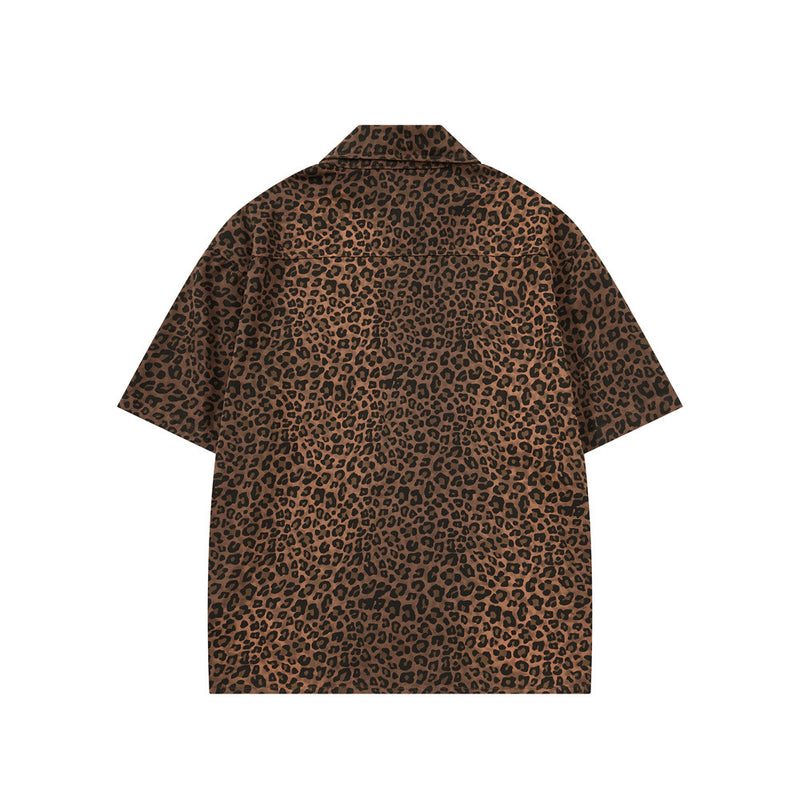 Leopard Print Short Sleeve Shirt with Heart Flocking Patch – Oversized Hip Hop B