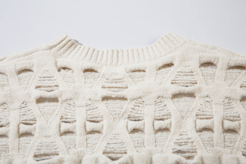 Distressed Open-Weave Crew Neck Knit Sweater – Oversized Ladder-Hole Design
