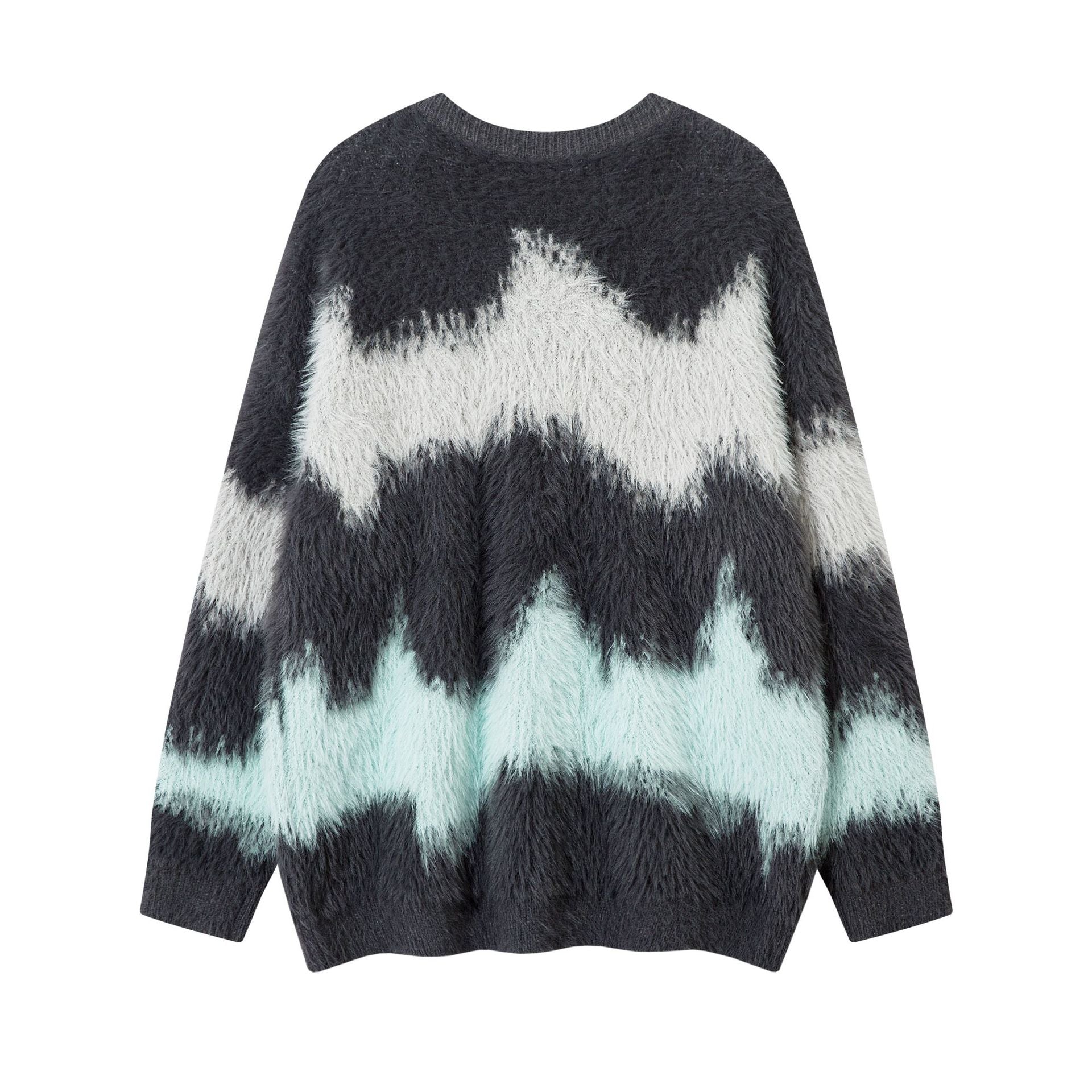 Pull en maille pelucheuse à motif vague abstrait – Modèle oversize