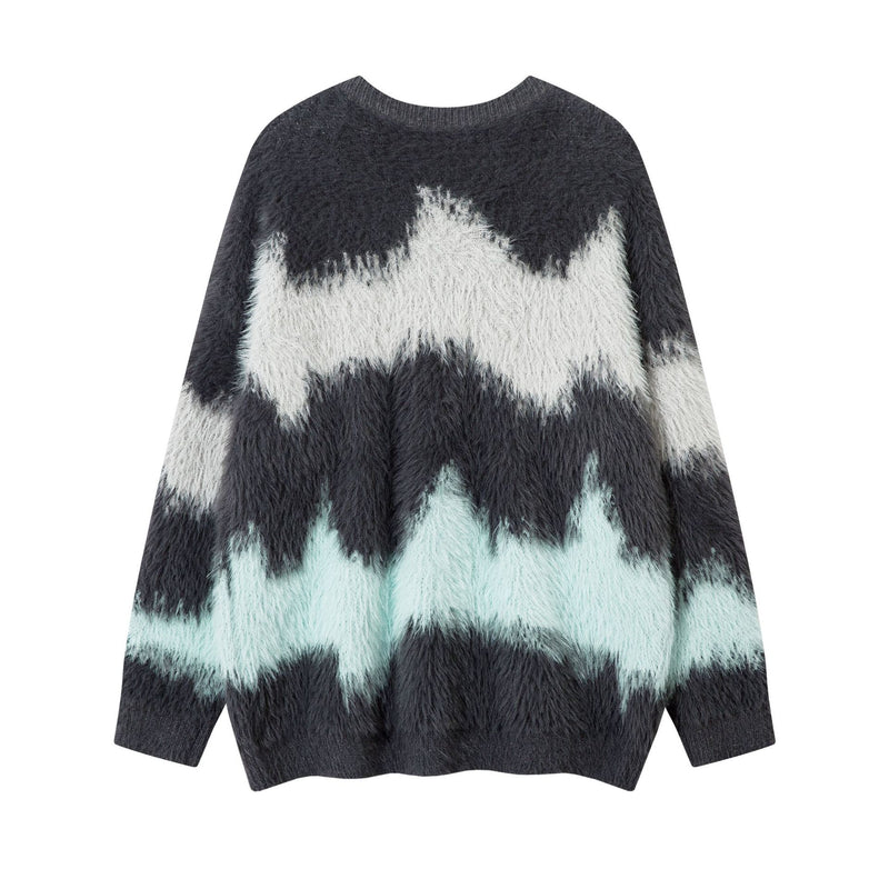 Pull en maille pelucheuse à motif vague abstrait – Modèle oversize
