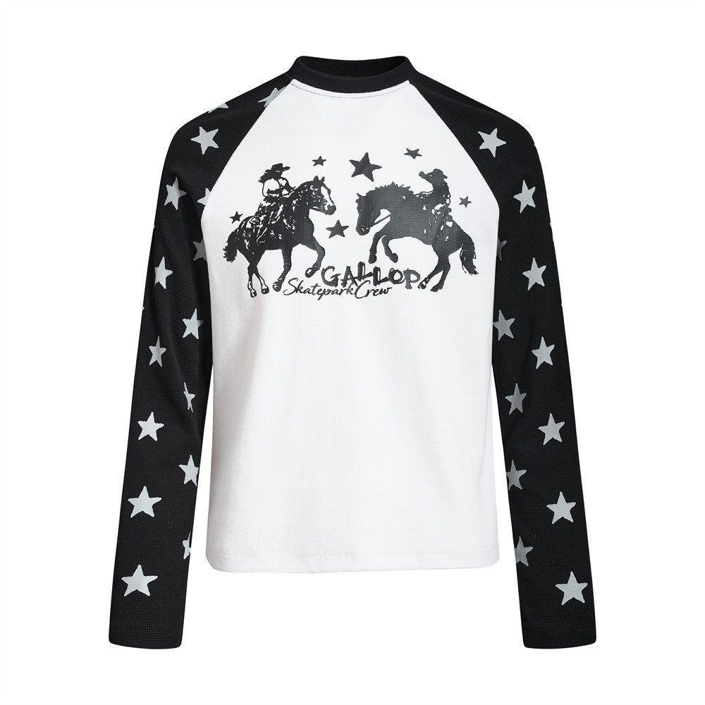 Women's long sleeve raglan shirt with black star-print sleeves and cowboy horse graphic on white waffle-knit body