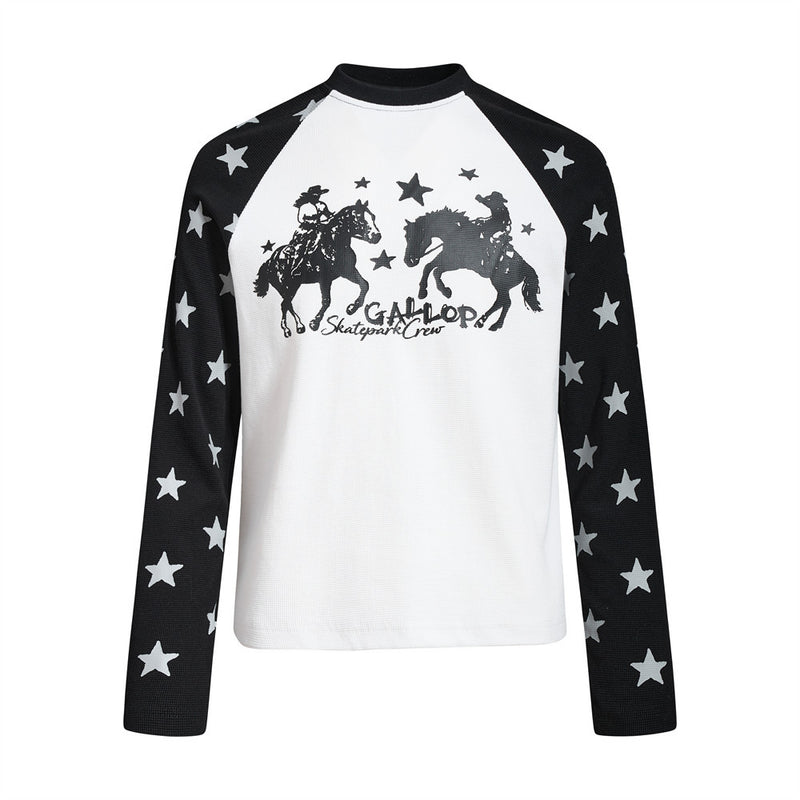 Women's long sleeve raglan shirt with black star-print sleeves and cowboy horse graphic on white waffle-knit body