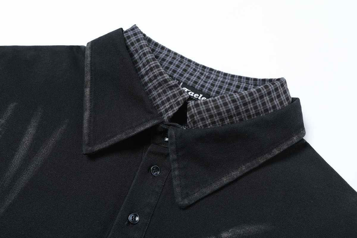Men's Washed Faux Two-Piece Polo Sweatshirt – Black Distressed Layered Top