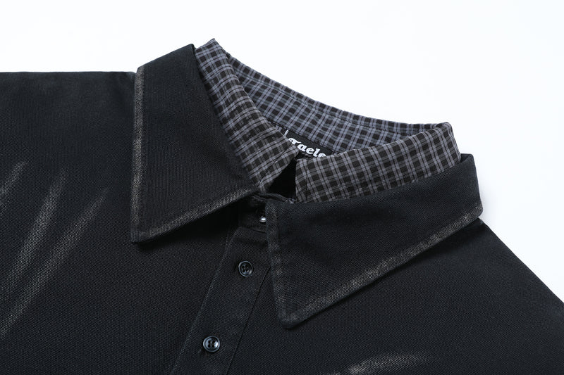 Men's Washed Faux Two-Piece Polo Sweatshirt – Black Distressed Layered Top