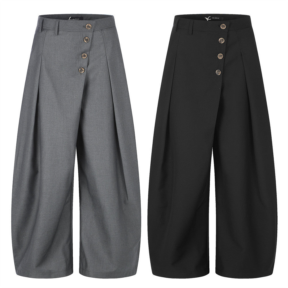 Wide-Leg Pleated Trousers with Diagonal Button Fly