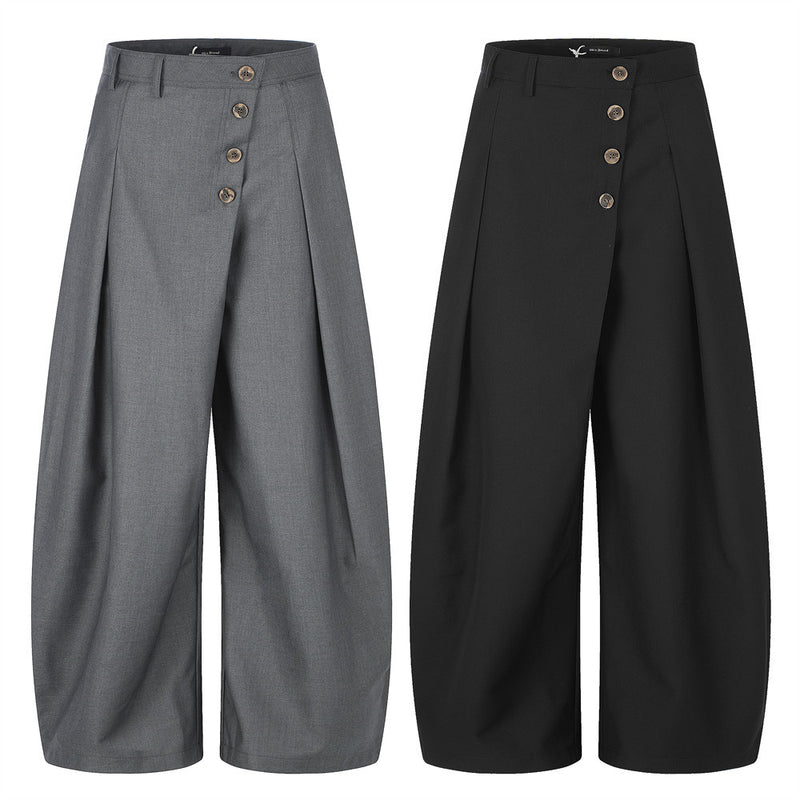 Wide-Leg Pleated Trousers with Diagonal Button Fly
