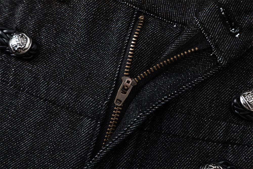 Men's Black Wide-Leg Jeans with Double-Breasted Buttons & Braided Detail