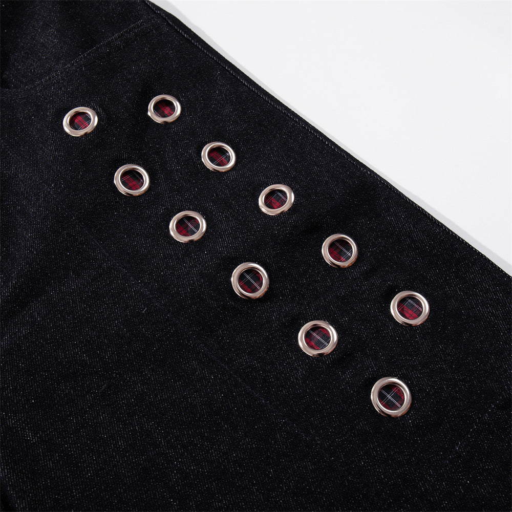 Wide-Leg Denim Jeans with Metal Eyelet Detail & Button Fly