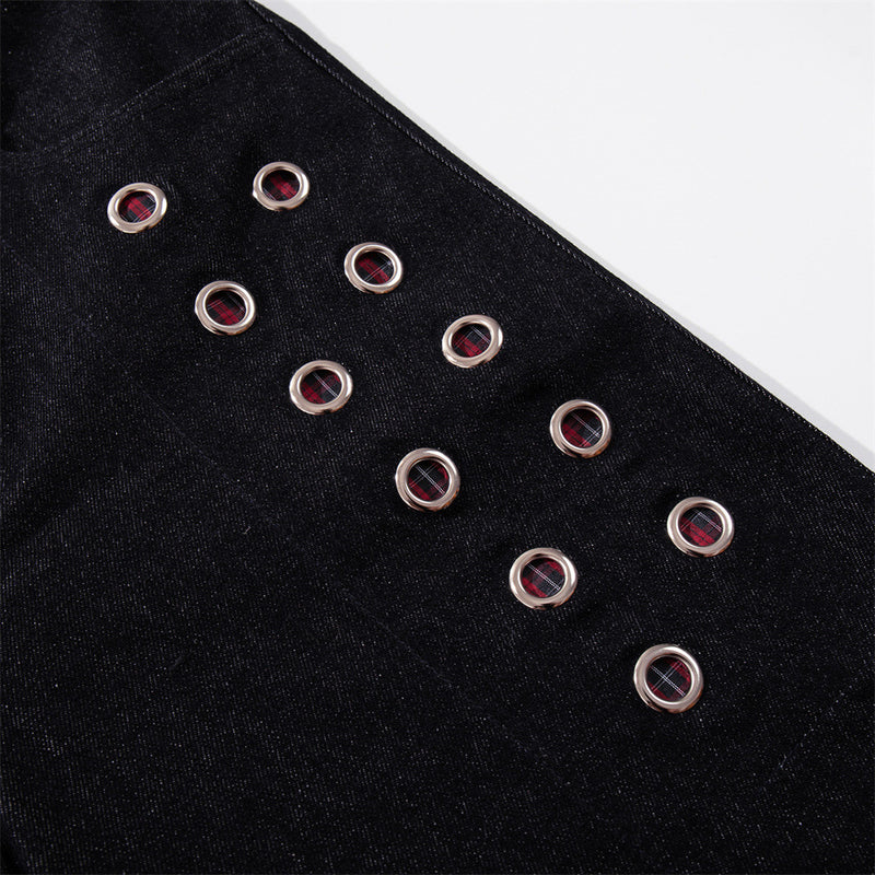 Wide-Leg Denim Jeans with Metal Eyelet Detail & Button Fly