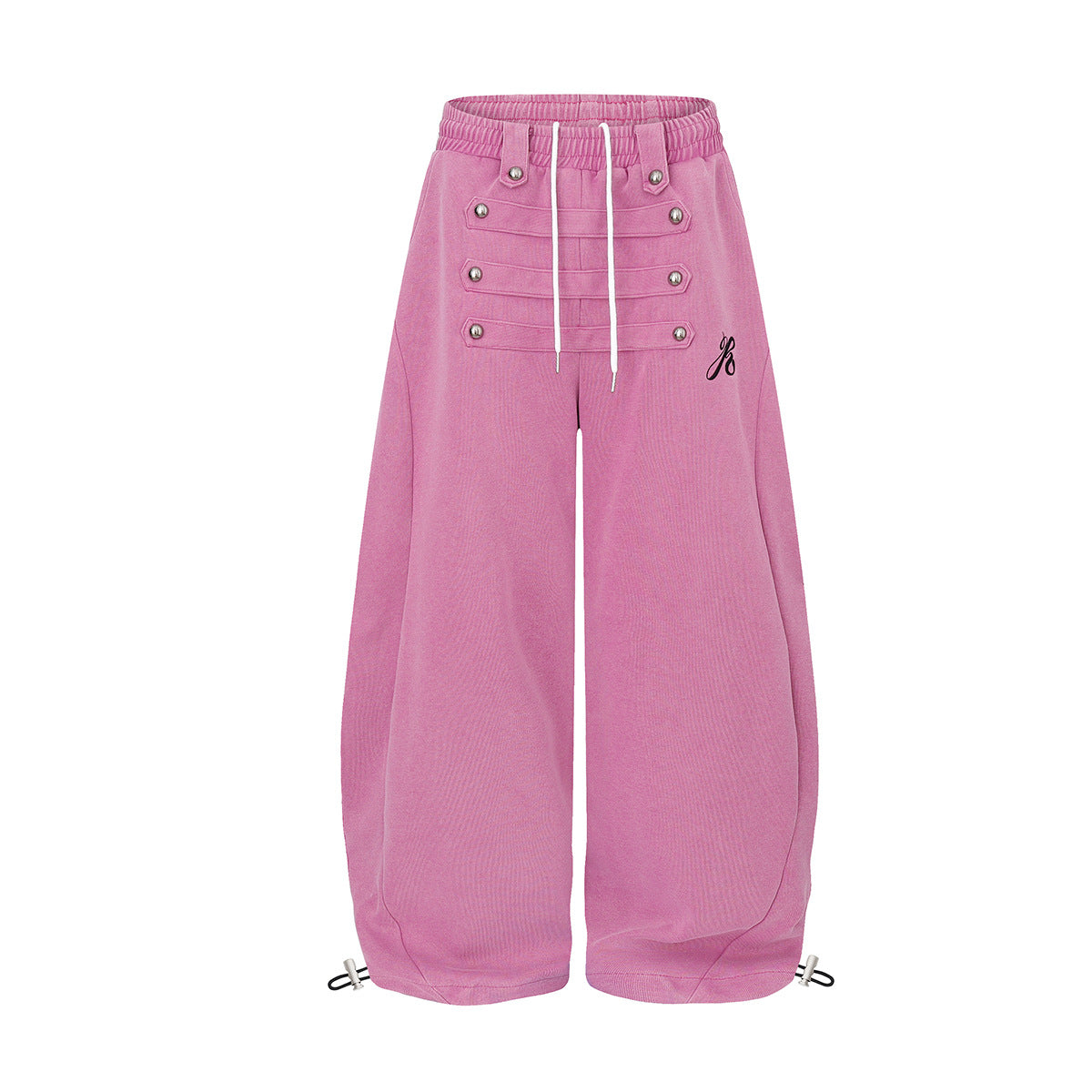 Wide-Leg Sweatpants with Decorative Button Panel & Drawstring Waist