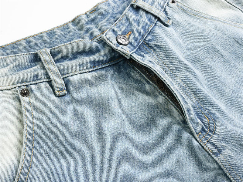 Wide-Leg Baggy Jeans – Men's Vintage Washed Light Blue Curved Hem Denim