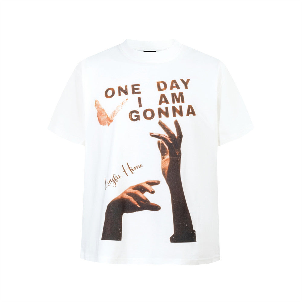 Graphic Print Short Sleeve T-Shirt – One Day I Am Gonna Hand & Butterfly Print