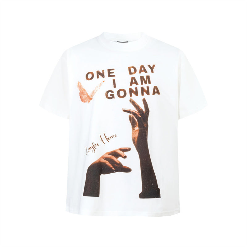 Graphic Print Short Sleeve T-Shirt – One Day I Am Gonna Hand & Butterfly Print