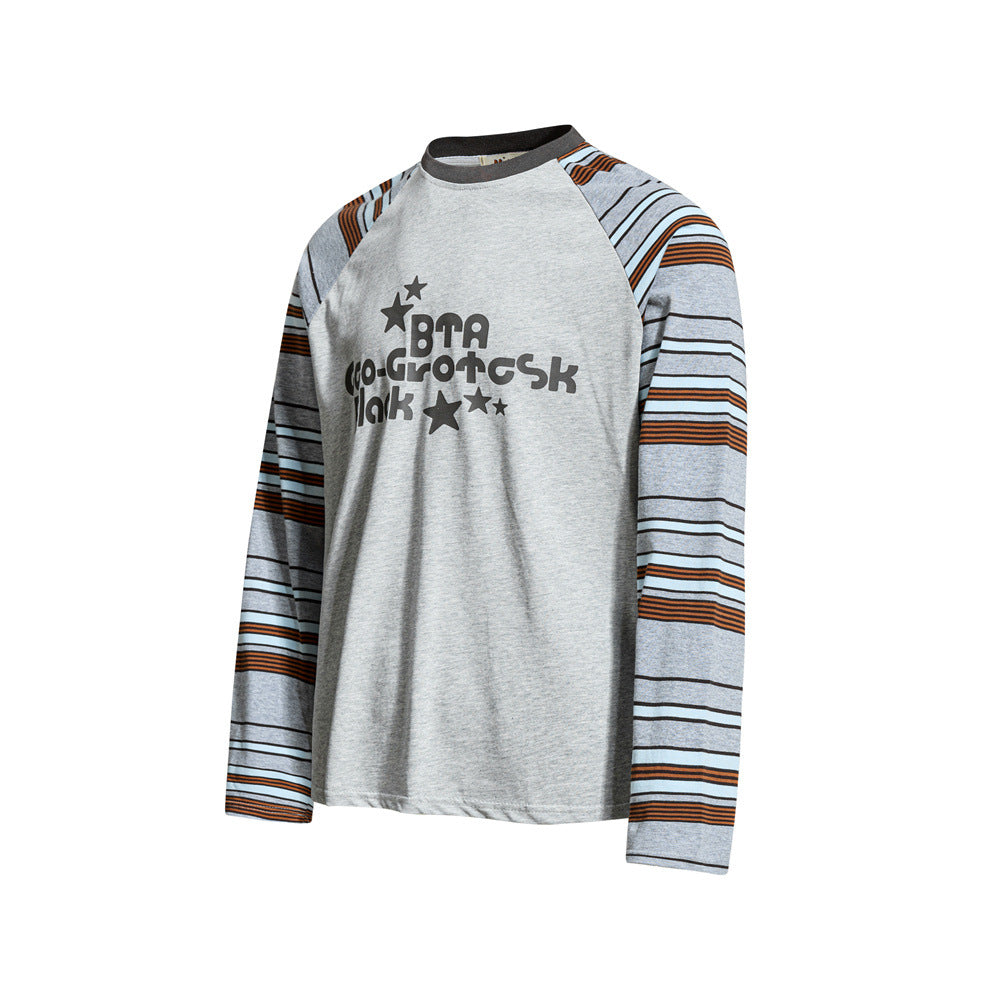 Striped Long Sleeve Tee – Men's Raglan Sleeve Letter Print Relaxed Fit T-Shirt