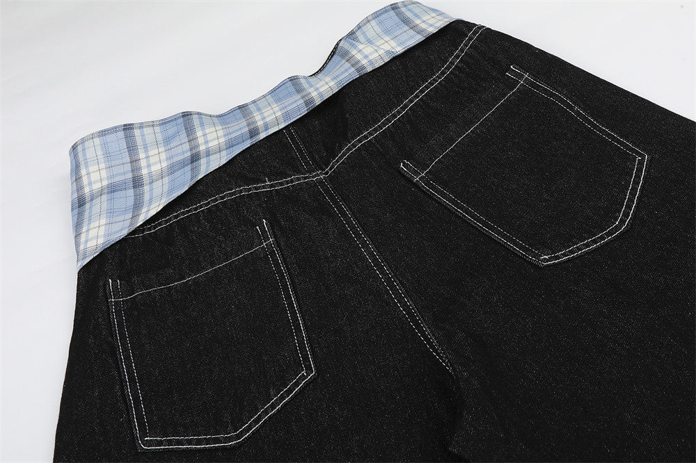 Wide Leg Black Jeans with Detachable Plaid Sash Belt