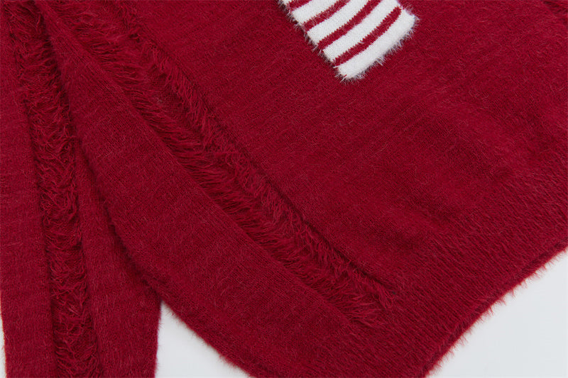 V-Neck Oversized Knit Sweater with Striped Scarf Detail