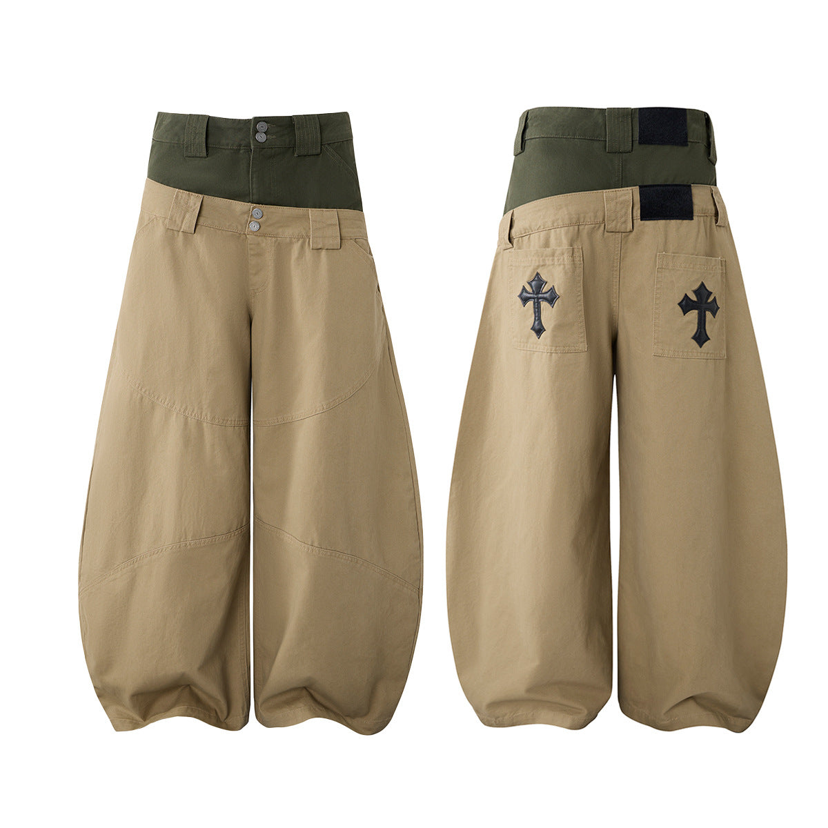 Baggy Khaki Cargo Pants – Double Waist Wide-Leg Balloon Trousers with Cross