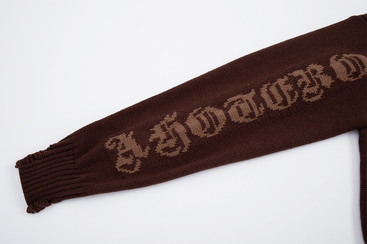 Sudadera de punto con cremallera y cruz gótica – Cárdigan de streetwear americano desgastado